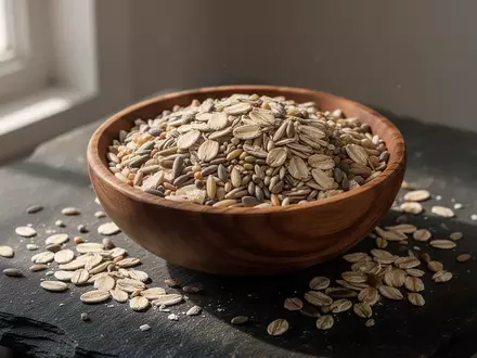 Eine hölzerne Schale mit verschiedenen rohen Getreidesorten und Haferflocken auf einem dunklen Steinhintergrund. - Foto: über boerse-global.de