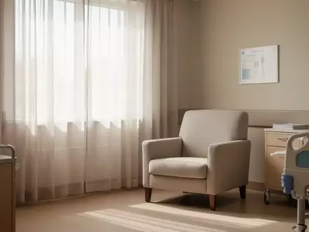 Ein ruhiges, sonnendurchflutetes Krankenzimmer mit einem bequemen Sessel am Fenster in einer minimalistischen Umgebung. - Foto: über boerse-global.de