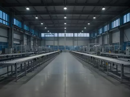 Leere, stille Fertigungshalle einer Industrieanlage in der Dämmerung mit weiten, unbesetzten Produktionslinien. - Foto: über boerse-global.de