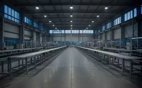 Leere, stille Fertigungshalle einer Industrieanlage in der Dämmerung mit weiten, unbesetzten Produktionslinien. - Foto: über boerse-global.de