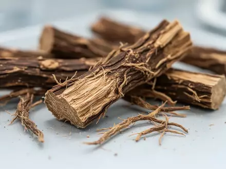 Nahaufnahme einer Süßholzwurzel mit faseriger Struktur auf einem klinischen Labortisch - Foto: über boerse-global.de