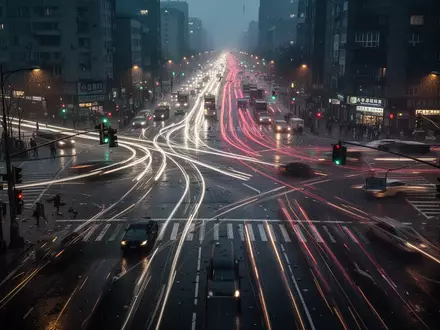 Ein belebter, verregneter Straßenzug bei Dämmerung mit verwischten Lichtspuren, die eine Atmosphäre von Unruhe und Reizüberflutung erzeugen. - Foto: über boerse-global.de