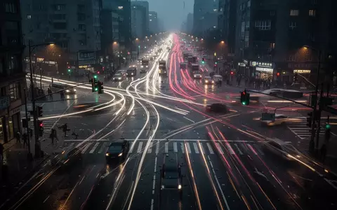 Ein belebter, verregneter Straßenzug bei Dämmerung mit verwischten Lichtspuren, die eine Atmosphäre von Unruhe und Reizüberflutung erzeugen. - Foto: über boerse-global.de