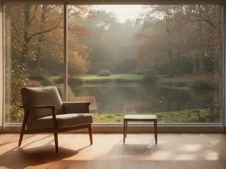 Ein lichtdurchflutetes, ruhiges Wohnzimmer mit einem bequemen Sessel vor einem Fenster mit Blick in einen herbstlichen Garten. - Foto: über boerse-global.de