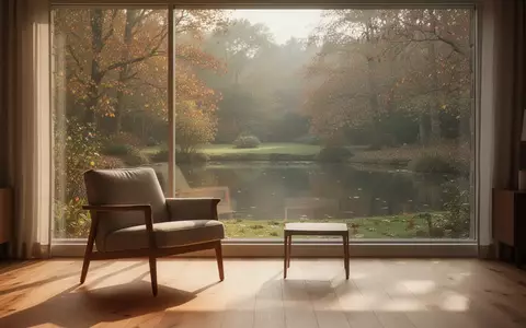 Ein lichtdurchflutetes, ruhiges Wohnzimmer mit einem bequemen Sessel vor einem Fenster mit Blick in einen herbstlichen Garten. - Foto: über boerse-global.de
