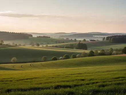 Weite, sanfte Hügellandschaft in Niederösterreich bei Sonnenuntergang. - Foto: über boerse-global.de