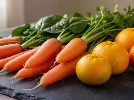 Frisches Gemüse und Obst auf einer dunklen Steinoberfläche als Symbol für eine ausgewogene Nährstoffversorgung. - Foto: über boerse-global.de