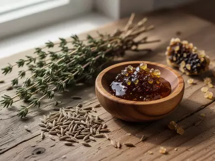 Nahaufnahme von natürlichen Zutaten wie Thymianzweigen, Kümmelsamen und Propolis auf einer rustikalen Holzoberfläche. - Foto: über boerse-global.de