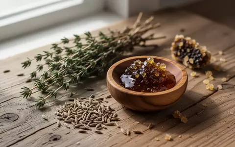 Nahaufnahme von natürlichen Zutaten wie Thymianzweigen, Kümmelsamen und Propolis auf einer rustikalen Holzoberfläche. - Foto: über boerse-global.de