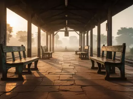 Ein einsamer, sonnenbeschienener Bahnsteig in einem indischen Dorf bei Sonnenaufgang. - Foto: über boerse-global.de