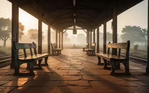 Ein einsamer, sonnenbeschienener Bahnsteig in einem indischen Dorf bei Sonnenaufgang. - Foto: über boerse-global.de