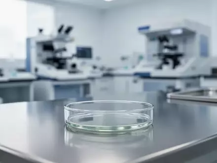 Ein steriler, minimalistischer Forschungslabor-Arbeitsplatz mit einer Glasschale auf einem Metalltisch. - Foto: über boerse-global.de