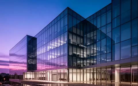 Ein modernes, minimalistisches Bürogebäude in der Abenddämmerung mit blau-violetten Reflexionen. - Foto: über boerse-global.de
