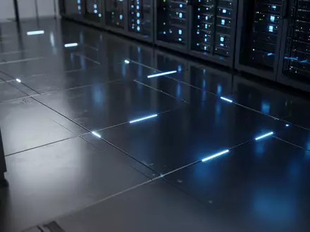 Ein minimalistischer Serverraum mit blau leuchtenden Statusleuchten auf poliertem Metallboden. - Foto: über boerse-global.de