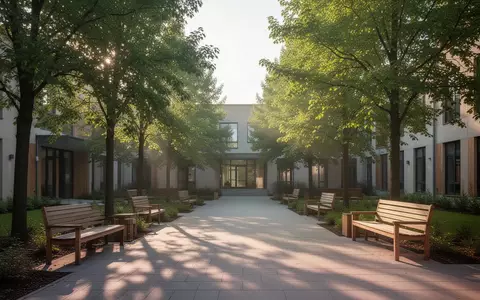 Ein ruhiger Innenhof mit Holzbänken und Bäumen, der eine Atmosphäre der Gemeinschaft und Unterstützung vermittelt. - Foto: über boerse-global.de