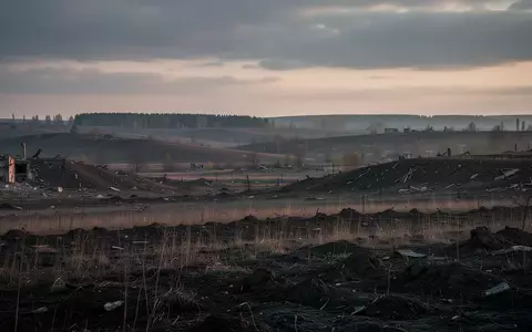 Eine weitläufige, verlassene Hügellandschaft in der Ukraine bei Dämmerung unter einem bewölkten Himmel. - Foto: über boerse-global.de