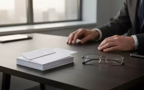 Ein ordentlicher Stapel leerer weißer Briefumschläge auf einem dunklen Holztisch in einem hellen, modern eingerichteten Büro. - Foto: über boerse-global.de