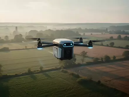 Eine autonome Lieferdrohne schwebt über einer ländlichen Landschaft bei natürlichem Tageslicht. - Foto: über boerse-global.de