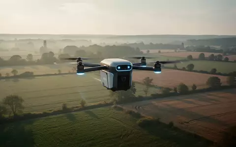 Eine autonome Lieferdrohne schwebt über einer ländlichen Landschaft bei natürlichem Tageslicht. - Foto: über boerse-global.de