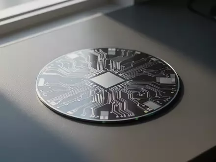 Ein minimalistischer Silizium-Wafer mit komplexen Schaltkreisstrukturen in natürlichem Licht auf einem dunklen Untergrund. - Foto: über boerse-global.de