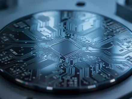 Nahaufnahme eines Silizium-Wafers mit komplexen Mikro-Schaltkreisen in einer sterilen Laborumgebung. - Foto: über boerse-global.de