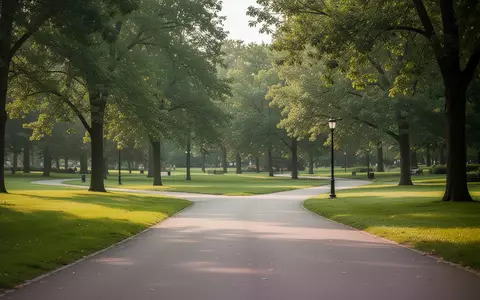 Ein leerer, geschwungener Weg in einem sonnendurchfluteten Stadtpark mit grünen Wiesen und Bäumen. - Foto: über boerse-global.de