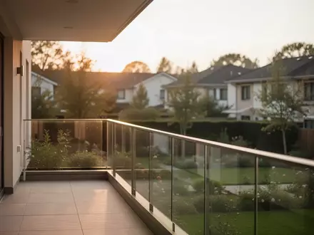 Ein ruhiger Balkon eines modernen Pflegeheims mit Blick auf einen Garten bei Sonnenuntergang. - Foto: über boerse-global.de