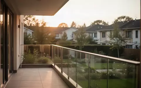 Ein ruhiger Balkon eines modernen Pflegeheims mit Blick auf einen Garten bei Sonnenuntergang. - Foto: über boerse-global.de