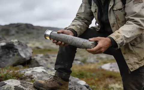 Ein Geologe untersucht in einer abgelegenen Landschaft ein Gesteinsproben-Behältnis. - Foto: über boerse-global.de