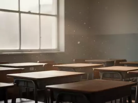Ein leerer, sonnendurchfluteter Klassenraum mit Holzschreibtischen in einer ruhigen, minimalistischen Atmosphäre. - Foto: über boerse-global.de