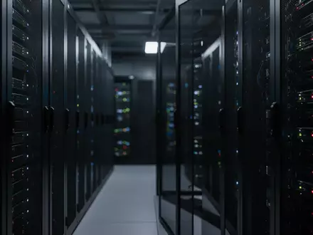 Dunkler, moderner Serverraum mit fokussierten Metall-Serverracks und verschwommenen Statuslichtern im Hintergrund. - Foto: über boerse-global.de