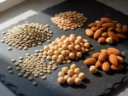 Verschiedene unverarbeitete pflanzliche Proteinquellen wie Linsen, Kichererbsen und Mandeln auf einer dunklen Schieferplatte. - Foto: über boerse-global.de