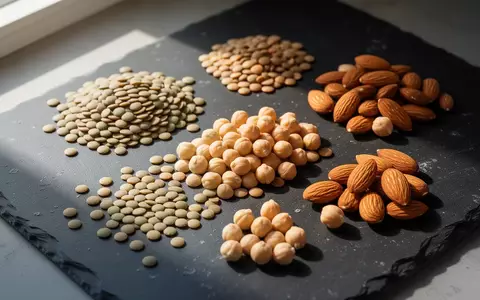 Verschiedene unverarbeitete pflanzliche Proteinquellen wie Linsen, Kichererbsen und Mandeln auf einer dunklen Schieferplatte. - Foto: über boerse-global.de