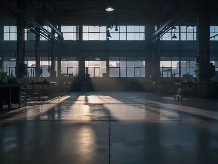 Eine leere, in kühles Dämmerlicht getauchte Industriehalle mit langen Schatten auf dem Boden. - Foto: über boerse-global.de