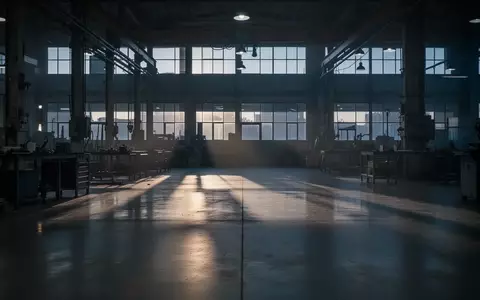 Eine leere, in kühles Dämmerlicht getauchte Industriehalle mit langen Schatten auf dem Boden. - Foto: über boerse-global.de