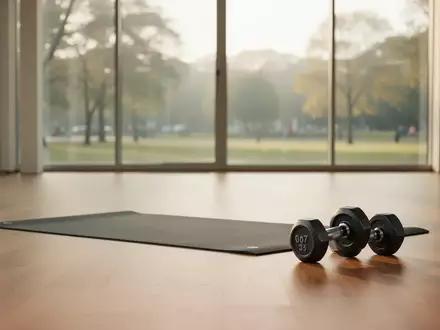 Ein heller, minimalistischer Trainingsraum mit einer Yogamatte und Hanteln auf einem Holzboden vor einem Fenster. - Foto: über boerse-global.de