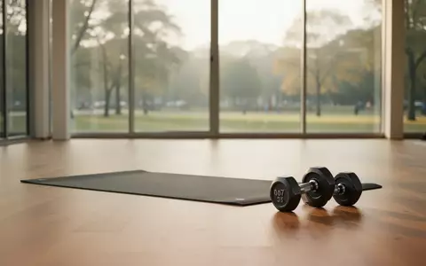 Ein heller, minimalistischer Trainingsraum mit einer Yogamatte und Hanteln auf einem Holzboden vor einem Fenster. - Foto: über boerse-global.de