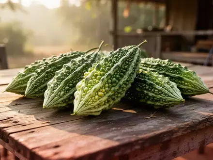 Frische Bittermelonen auf einem rustikalen Holztisch in natĂĽrlichem Tageslicht. - Foto: ĂĽber boerse-global.de