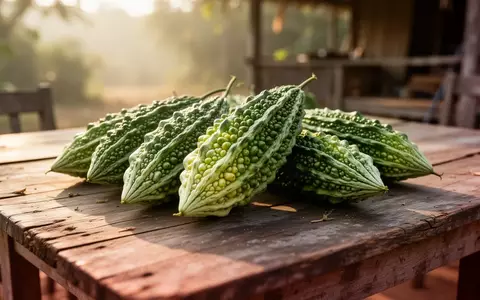 Frische Bittermelonen auf einem rustikalen Holztisch in natürlichem Tageslicht. - Foto: über boerse-global.de