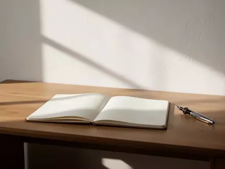 Ein minimalistischer Schreibtisch mit einem leeren Notizbuch und einem Füllfederhalter in einem hellen Arbeitszimmer. - Foto: über boerse-global.de