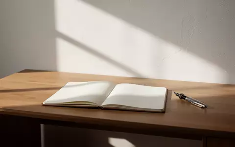 Ein minimalistischer Schreibtisch mit einem leeren Notizbuch und einem Füllfederhalter in einem hellen Arbeitszimmer. - Foto: über boerse-global.de