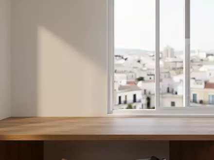 Ein minimalistischer, heller Arbeitsplatz mit Holztisch vor einem Fenster mit Blick auf eine mediterrane Stadt. - Foto: über boerse-global.de