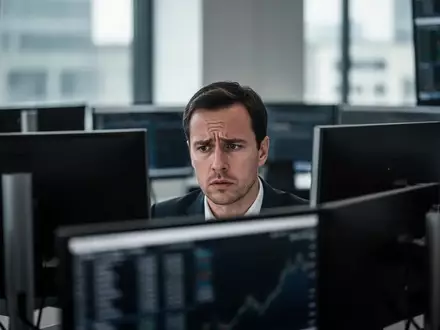 Ein nachdenklicher Börsenhändler vor dunklen Bildschirmen an einem Frankfurter Handelsplatz. - Foto: über boerse-global.de
