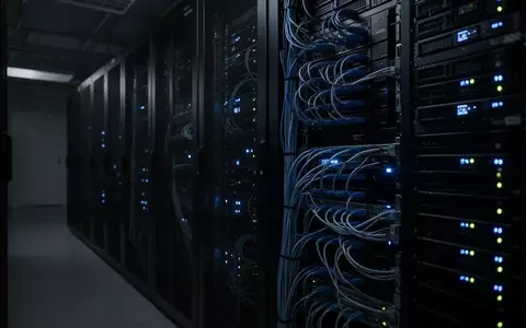 Dunkler Serverraum mit beleuchteten Racks und technischer Infrastruktur in einer sterilen Umgebung. - Foto: über boerse-global.de