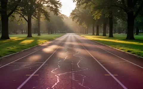 Eine leere, asphaltierte Laufstrecke in einem Park bei Sonnenaufgang mit langen Schatten. - Foto: über boerse-global.de