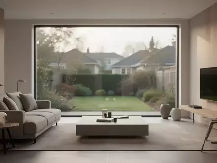 Ein minimalistisch eingerichtetes Wohnzimmer mit großen Fenstern und Blick in einen ruhigen Garten bei Tageslicht. - Foto: über boerse-global.de