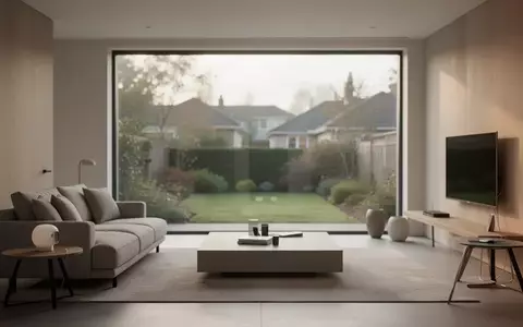 Ein minimalistisch eingerichtetes Wohnzimmer mit großen Fenstern und Blick in einen ruhigen Garten bei Tageslicht. - Foto: über boerse-global.de