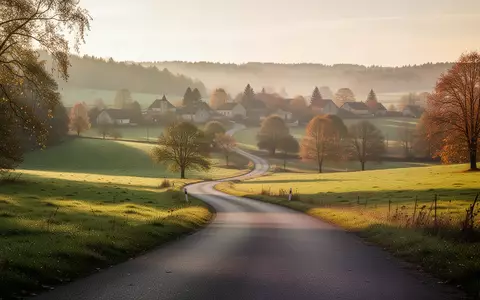 Eine idyllische, ländliche Landschaft mit einer kurvenreichen Straße, die in der Morgensonne zu einem Dorf führt. - Foto: über boerse-global.de