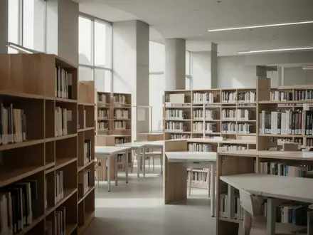 Heller, minimalistischer Lernraum mit ordentlichen Bücherregalen und leeren Arbeitstischen in einer Bibliothek. - Foto: über boerse-global.de