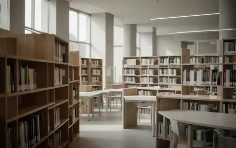 Heller, minimalistischer Lernraum mit ordentlichen Bücherregalen und leeren Arbeitstischen in einer Bibliothek. - Foto: über boerse-global.de